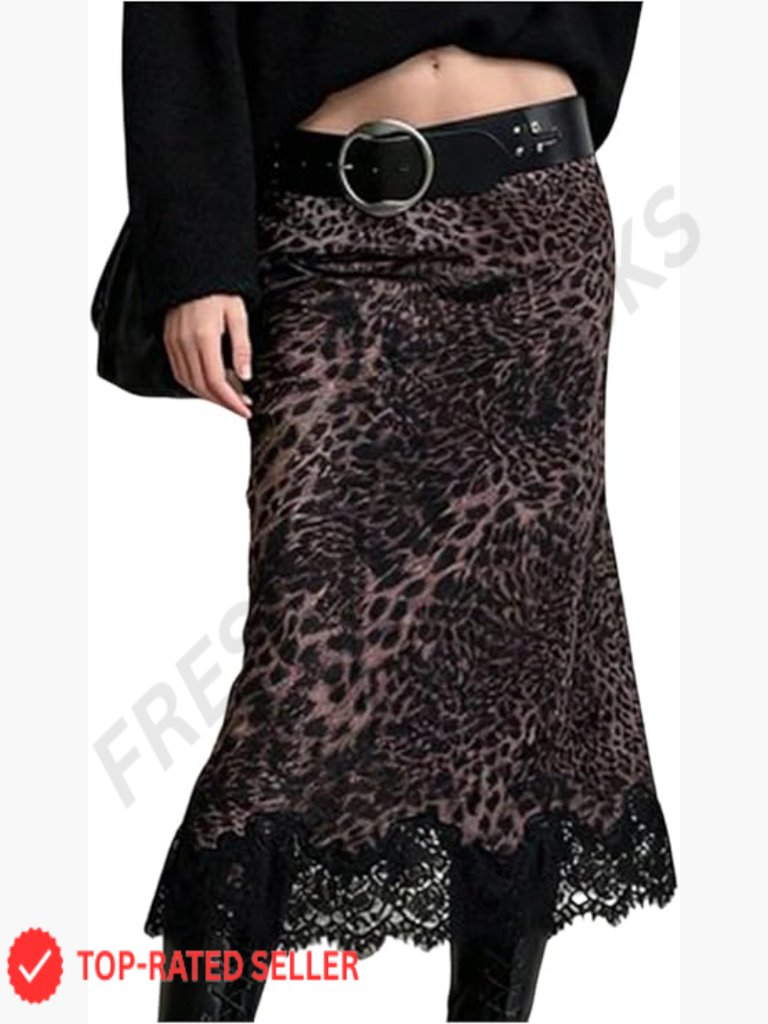 Leopard Print Lace Midi Skirt Y2k Fishtail Vintage Going Out